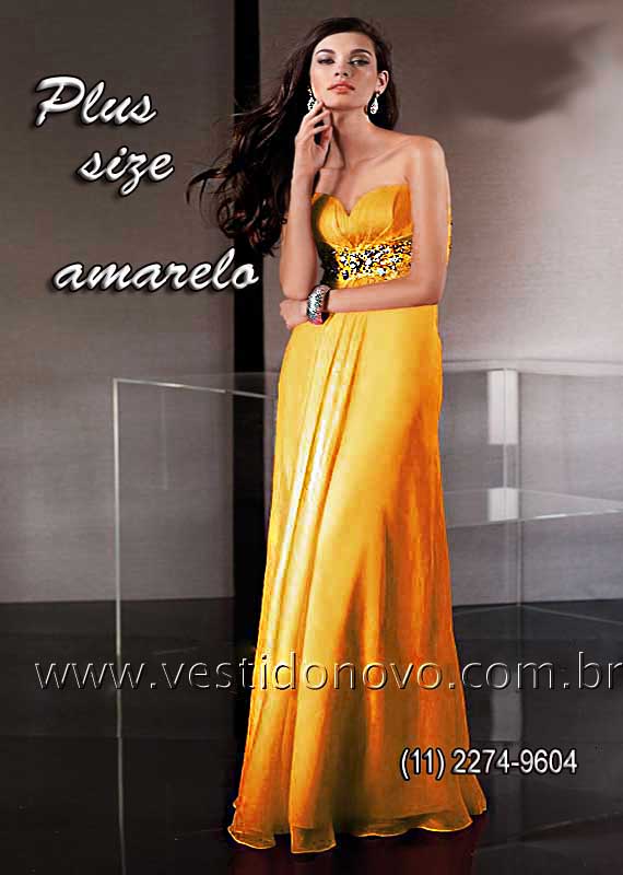 vestido  plus size tamanho grande amarelo  brilho e pedraria no busto loja em So Paulo 