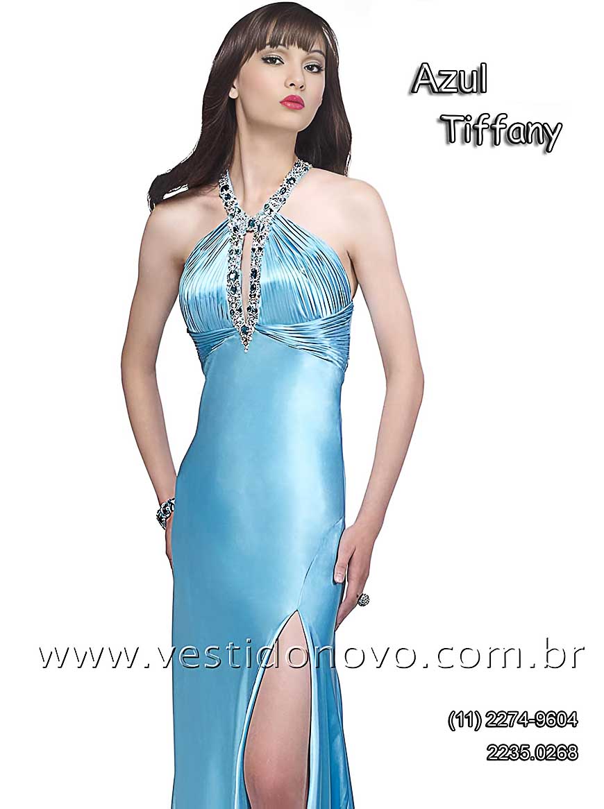 vestido numero pequeno em cetim importado azul tiffany decote costa cavada e fenda,  So Paulo