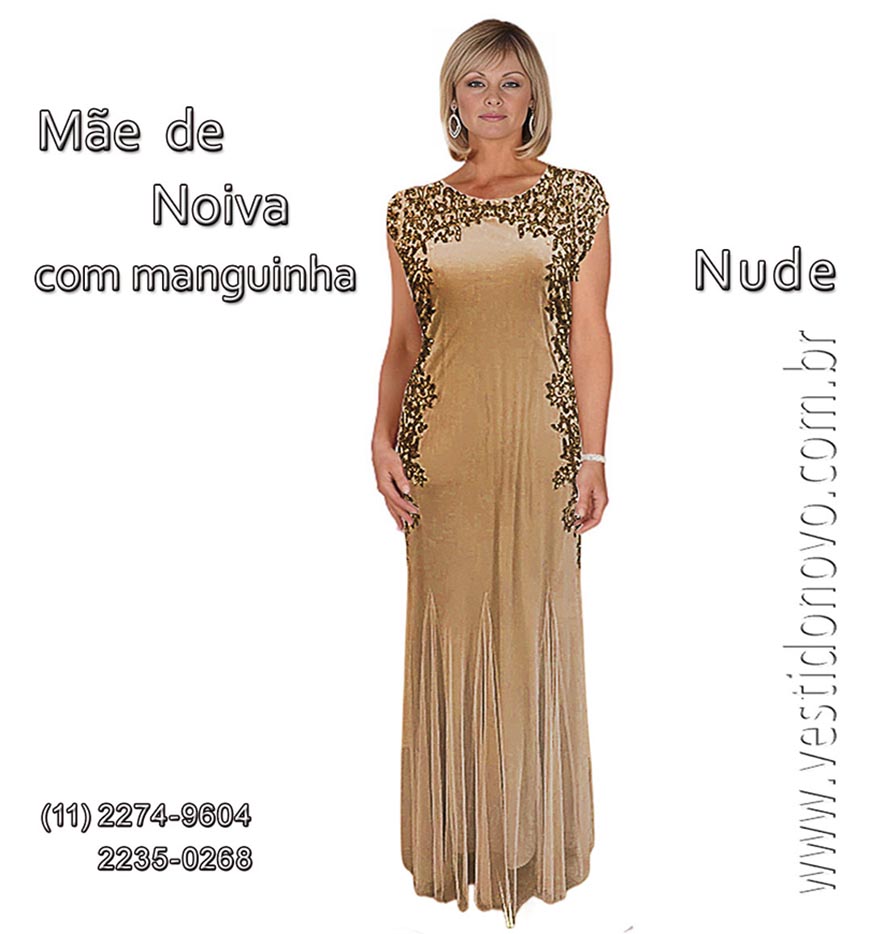 Vestido de festa nude com renda e manga, me da noiva